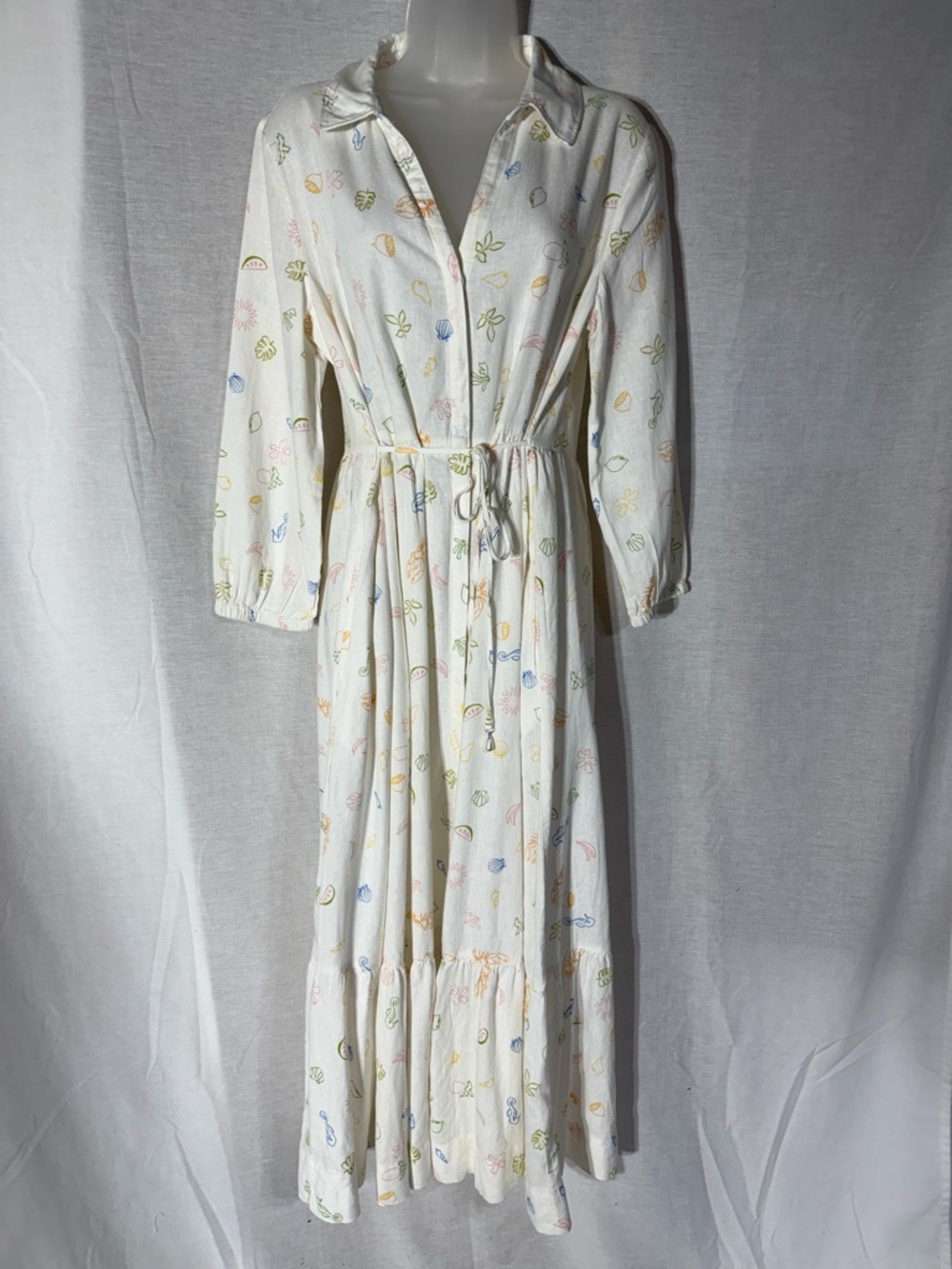 C&C Tropical sea shelf print White Tie-Waist Maxi Shirt Dress Sz large